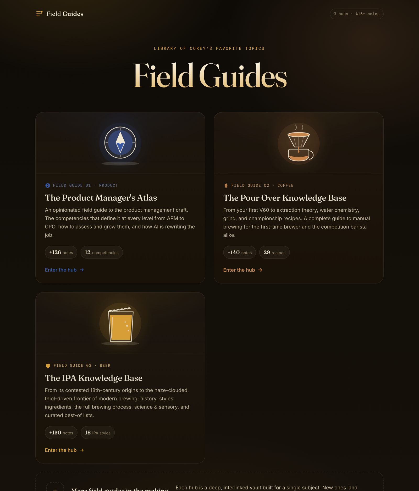 The Field Guides portal: The Product Manager's Atlas, The Pour Over Knowledge Base, and The IPA Knowledge Base shown as three tiles