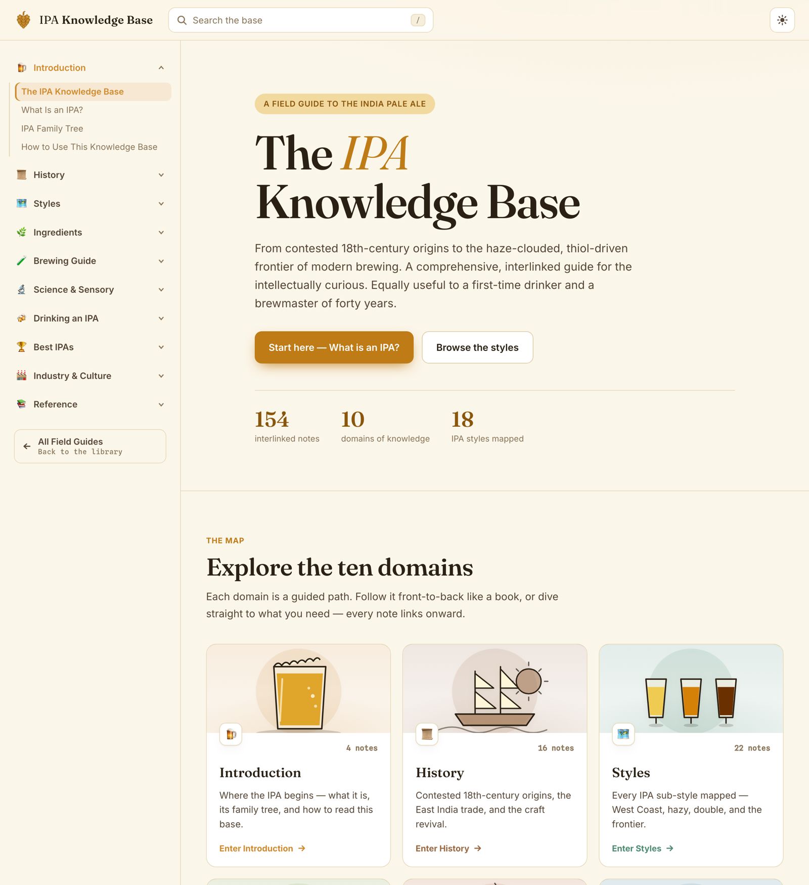 The IPA Knowledge Base home page: 154 notes across ten domains, in an amber beer palette