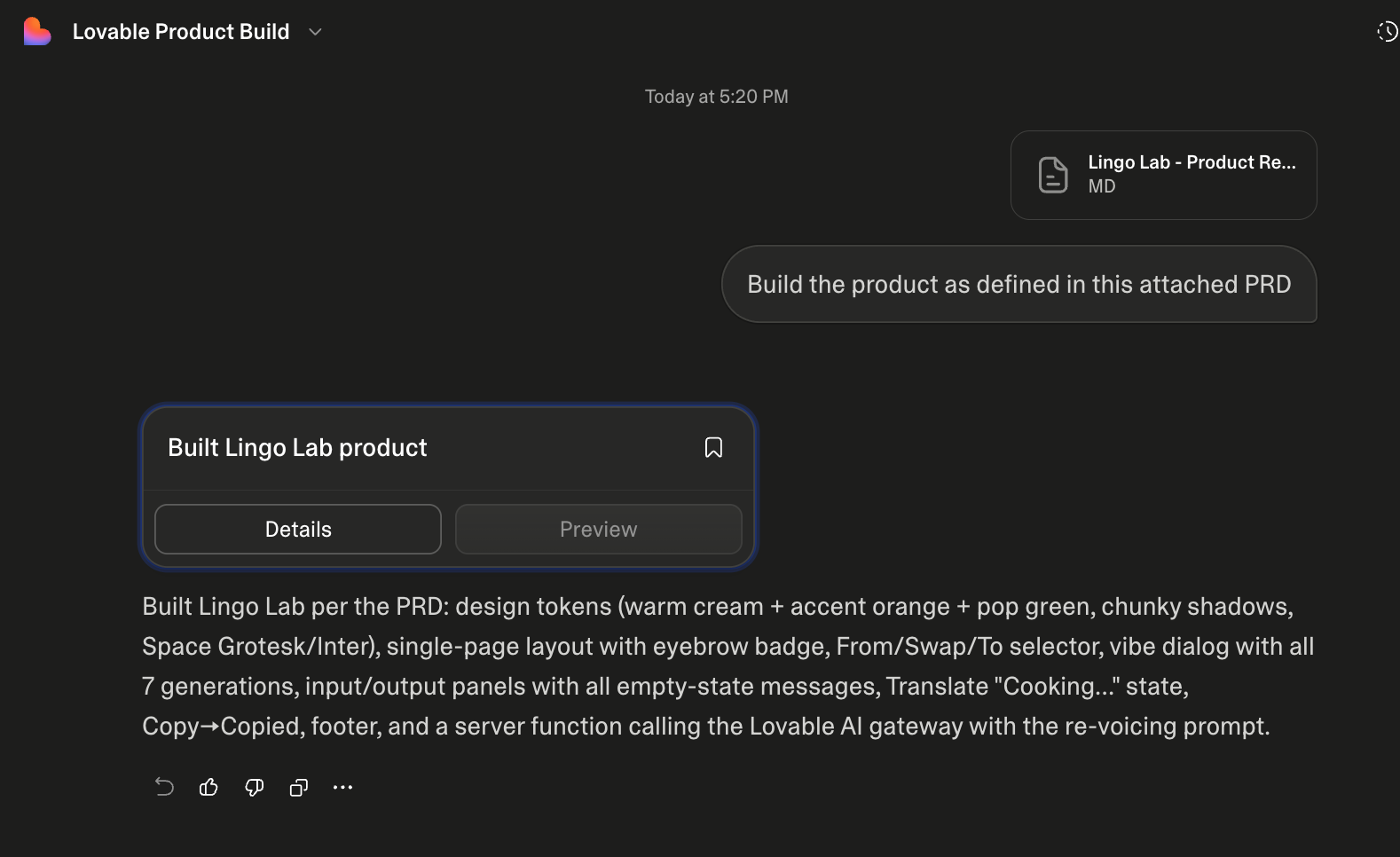 The Lovable build chat: the attached Lingo Lab PRD markdown file, the instruction to build the product as defined in the attached PRD, and Lovable's summary of what it built