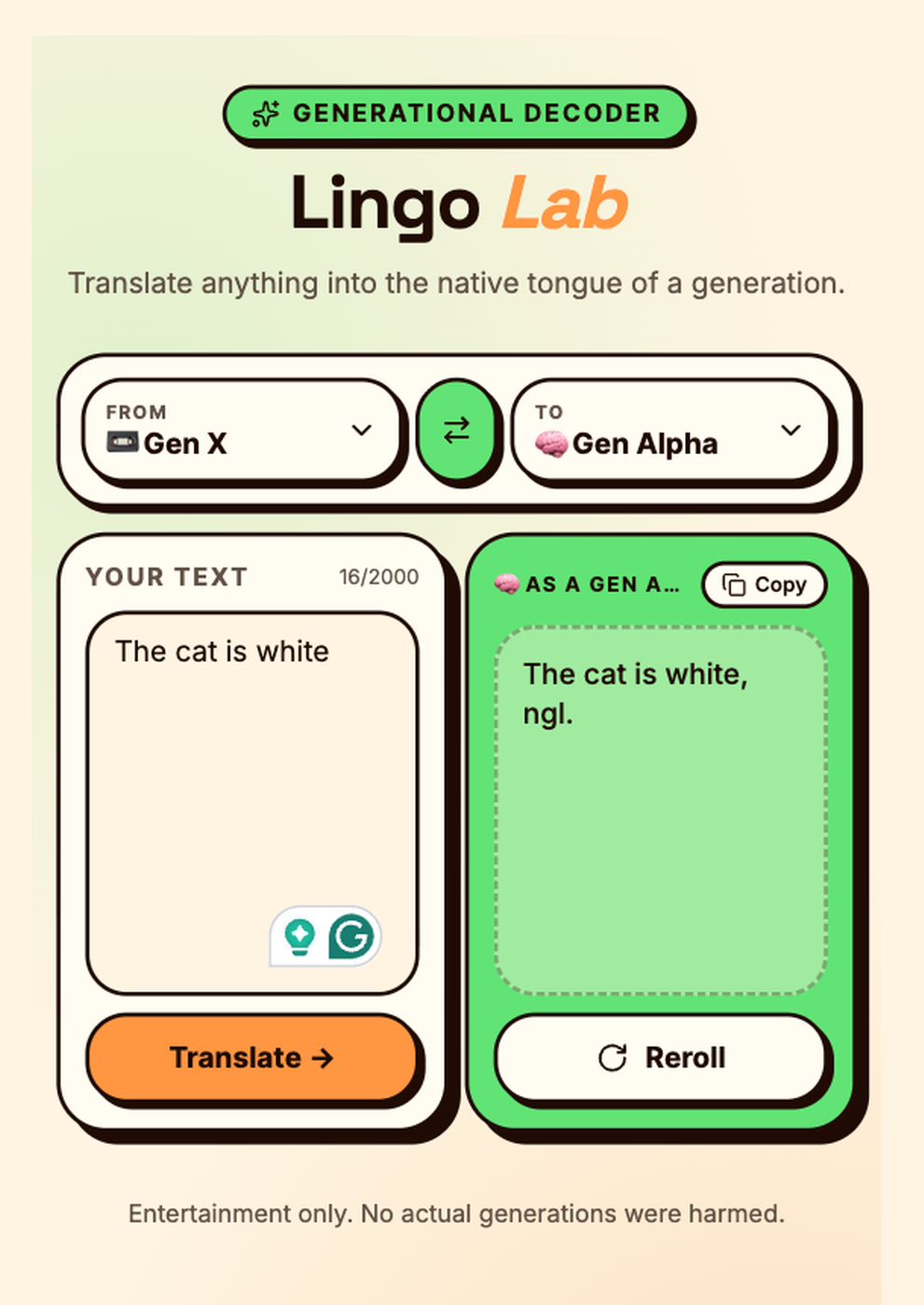 The original Lingo Lab output reads 'The cat is white, ngl.' with a Reroll button below it and an 'As a Gen Alpha' panel header
