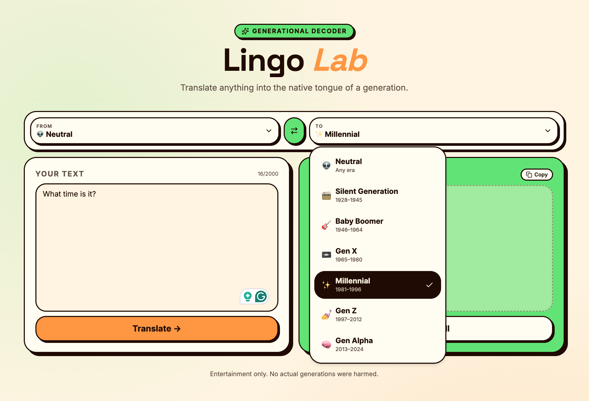 Lingo Lab's generation picker open, listing seven selectable generations from Neutral and the Silent Generation through to Gen Alpha, each with its era and emoji