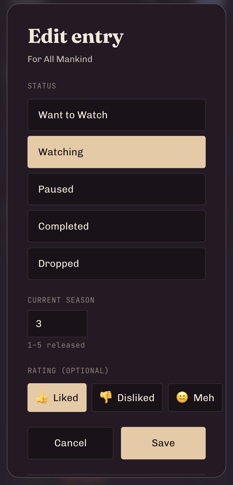 Edit entry, set watch status, current season, and a rating