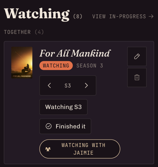Home, each partner's Watching list with season progress and co-watch status