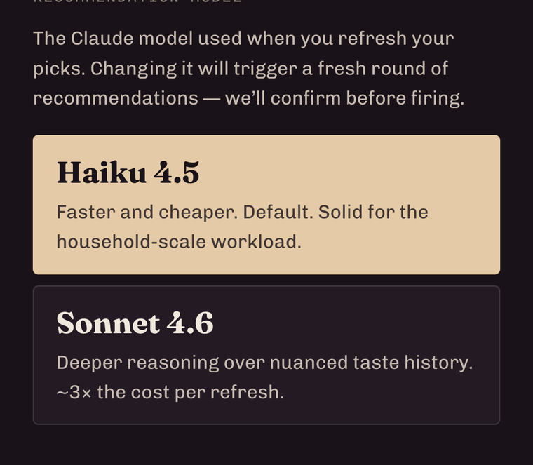 Settings, choose the Claude model (Haiku or Sonnet) per refresh