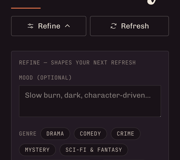 The Refine panel, mood, genre and platform filters, the Co-watch / Corey / Jaimie toggle, and the Claude model in use