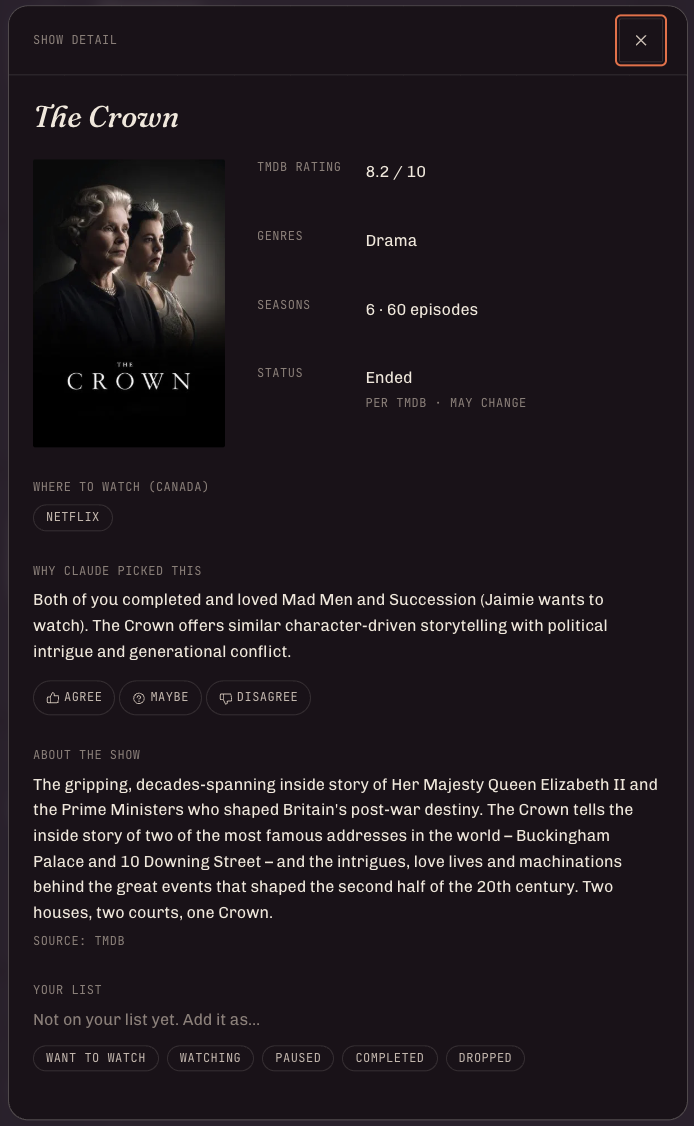 Show detail, ratings, where to watch, and why it was picked