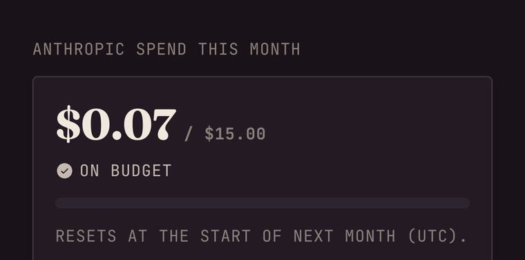 In-app spend tracker, $0.07 of a $15 monthly budget, on budget