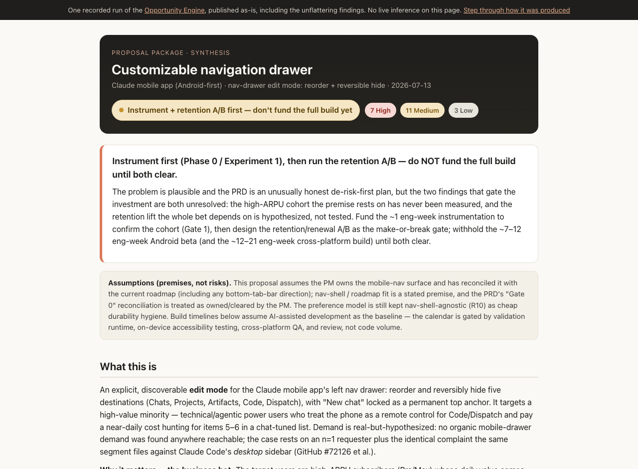 The finished assessment page: verdict banner reading 'Instrument + retention A/B first, don't fund the full build yet', severity counts of 7 high, 11 medium, 3 low, and the one-page summary