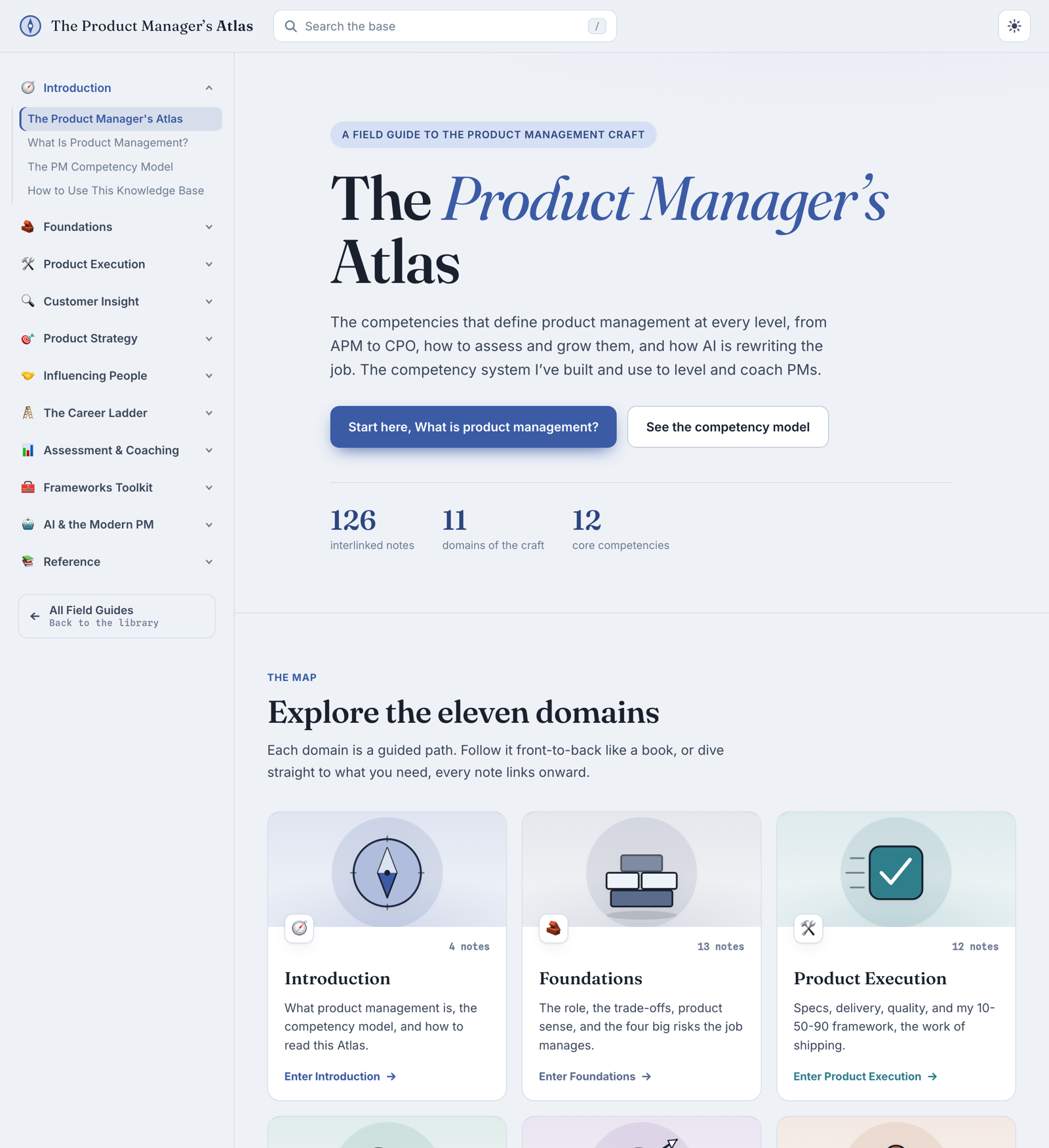 The Product Manager's Atlas home page: the hero, the 126-note and 12-competency stats, and the map of competency domains