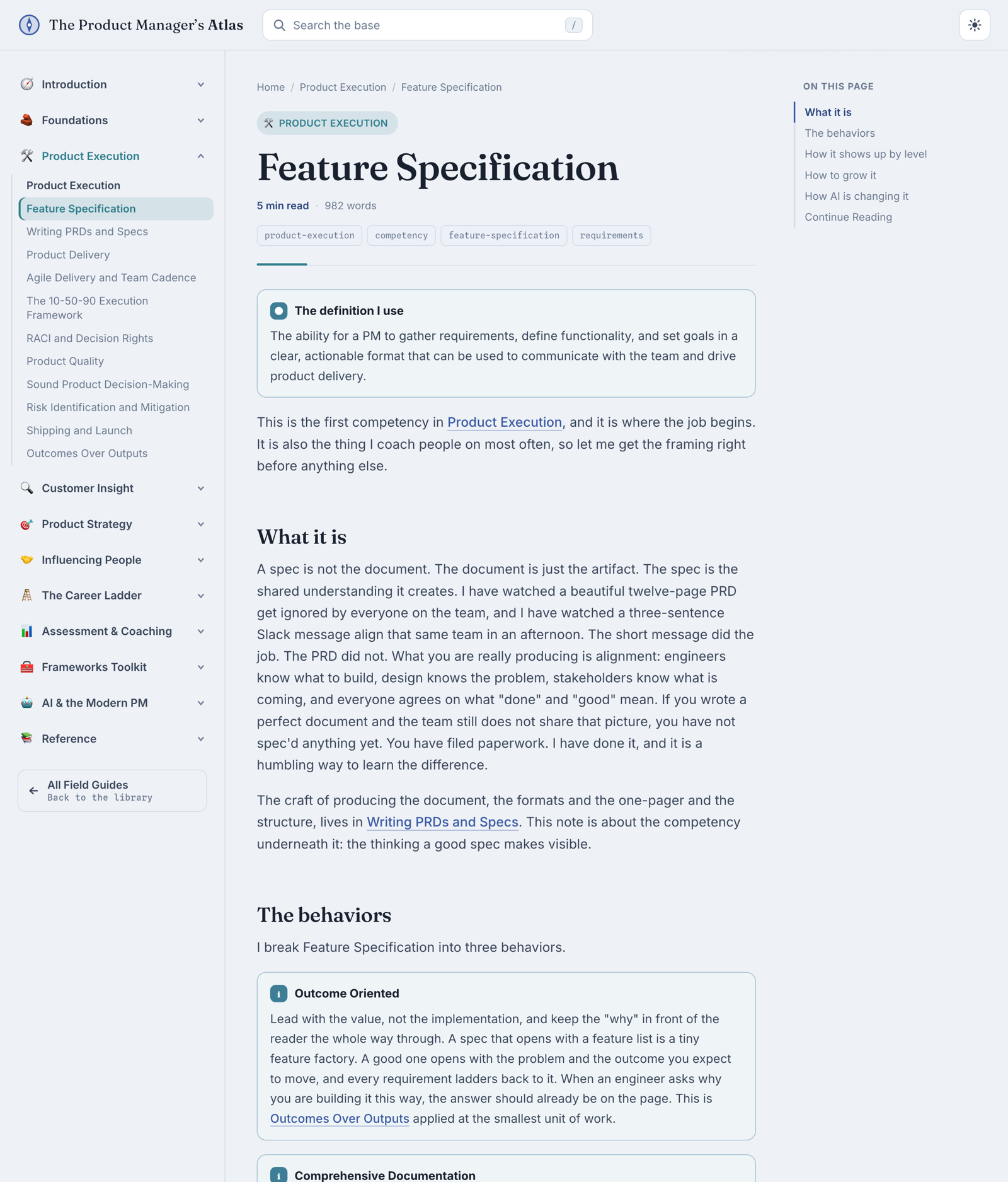 A competency note inside the Atlas: a clear definition, the behaviors that make it up, an on-this-page table of contents, and inline links to related notes