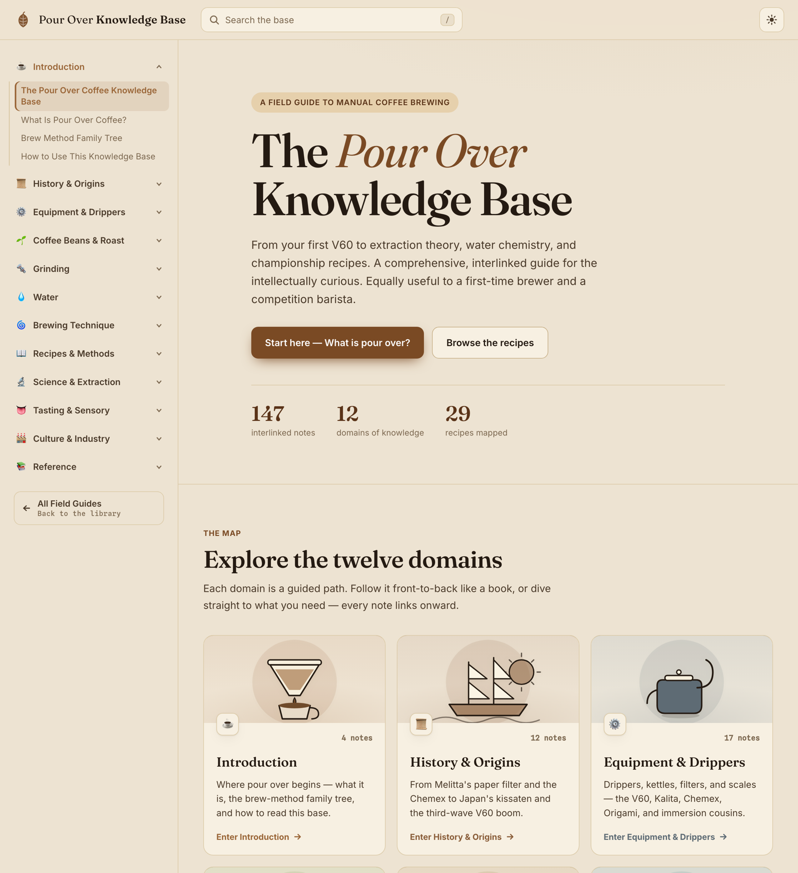 The Pour Over Knowledge Base home page: 147 notes across twelve domains, in a warm coffee palette