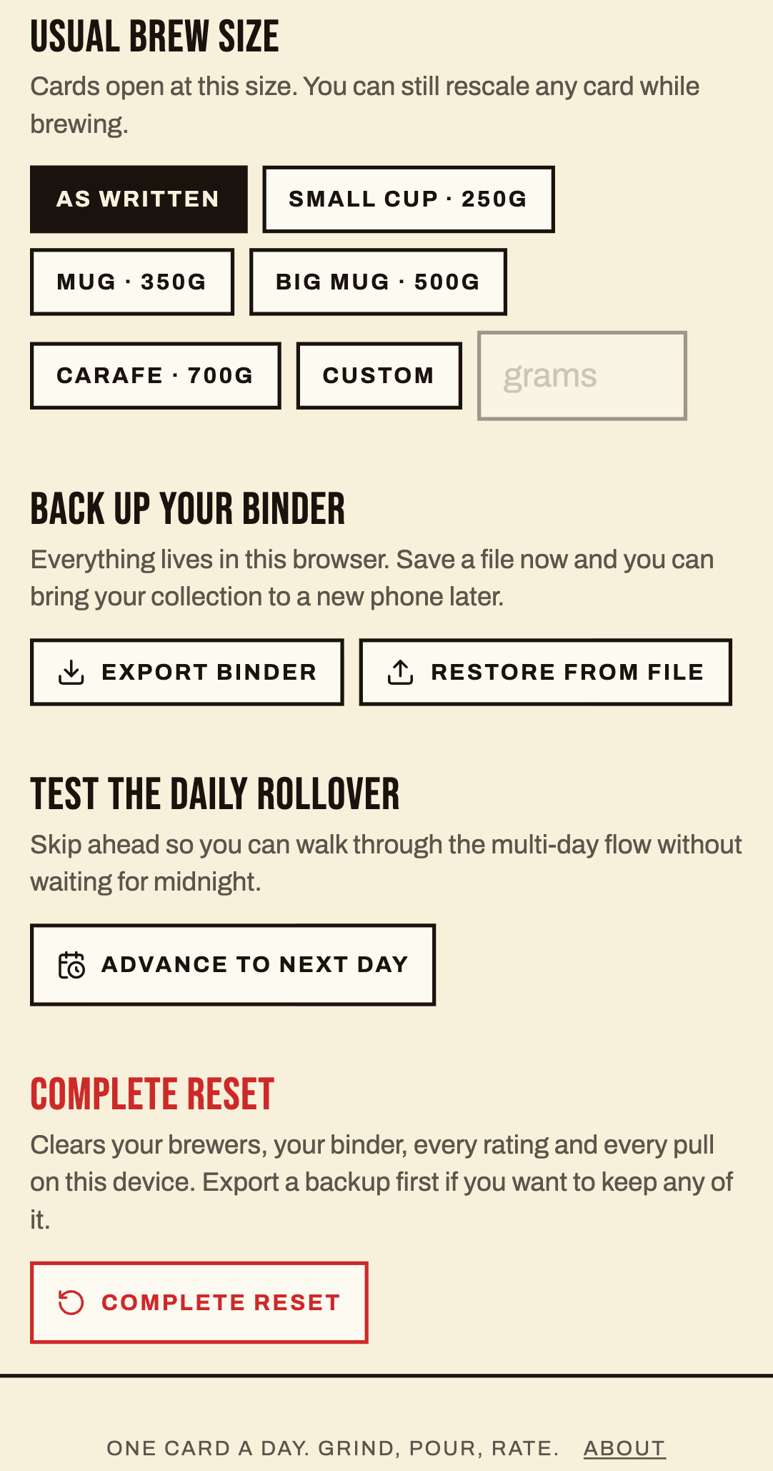The lower half of the Setup page: usual brew size options from small cup to carafe, then Export Binder and Restore From File, an Advance To Next Day button for testing the daily rollover, and a Complete Reset