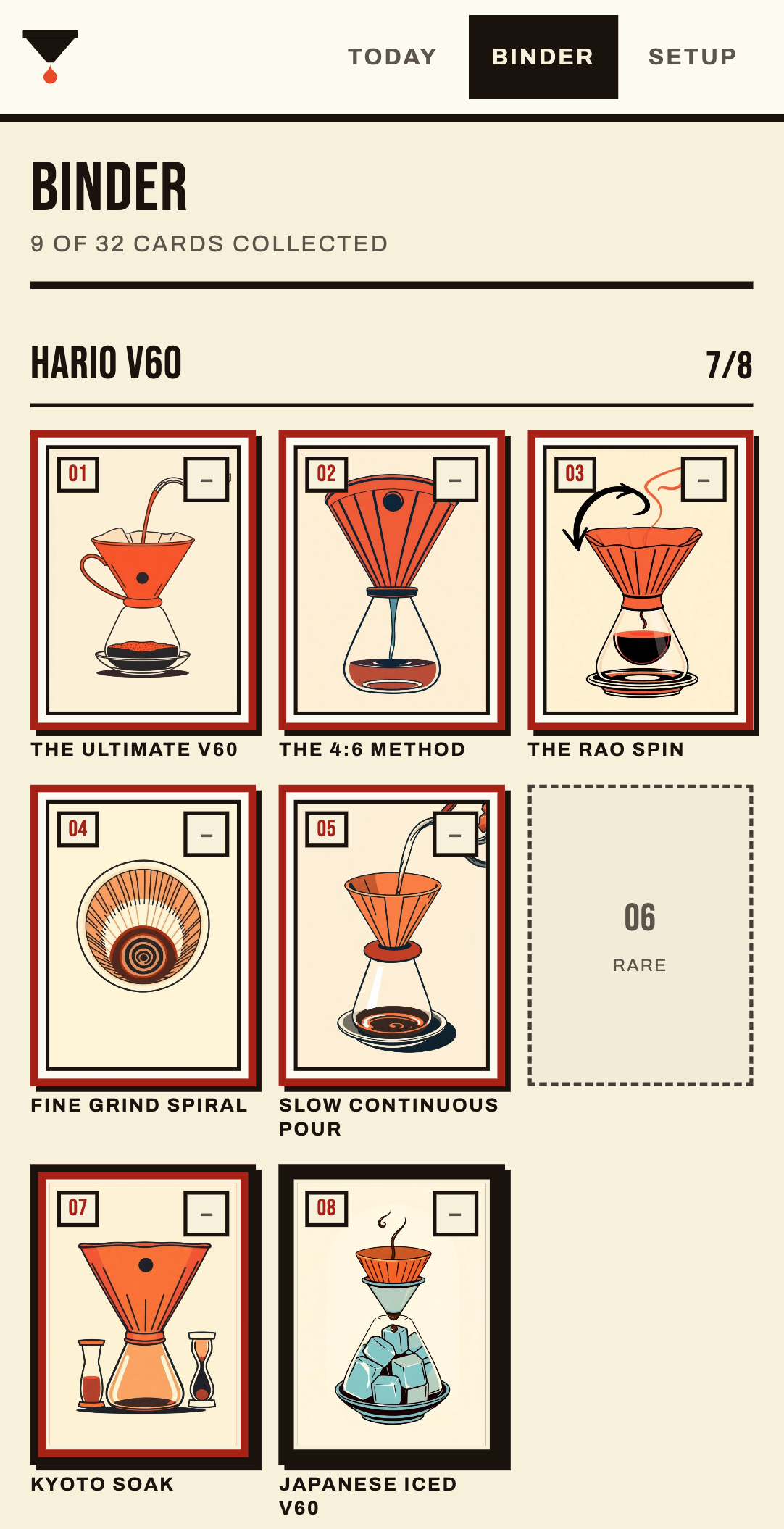The Binder screen: 9 of 32 cards collected, the Hario V60 deck at 7 of 8, seven collected card thumbnails and one dashed empty slot labelled 06 RARE