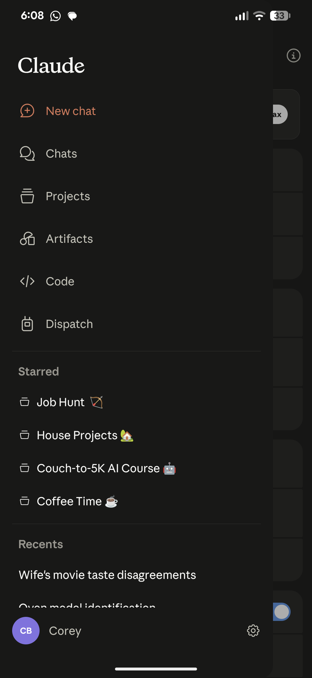 Claude Android app, navigation drawer open: New chat, Chats, Projects, Artifacts, Code, Dispatch, then Starred and Recents